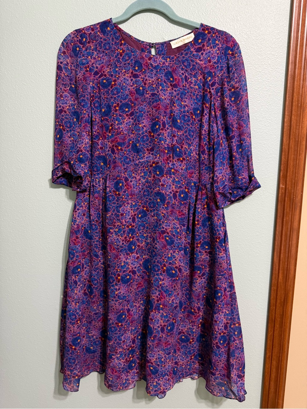 Uzma Bozai Silk Blend Floral Print Mini/Midi Dress - Purple & Blue - Size 14